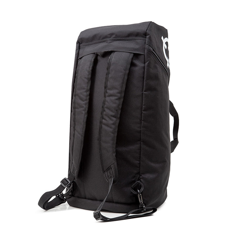 Black backpack with a brand logo on a white background