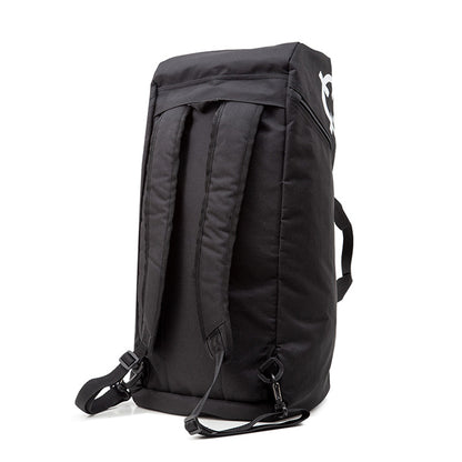 Black backpack with a brand logo on a white background