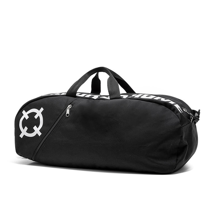 Black duffel bag with a logo on a white background