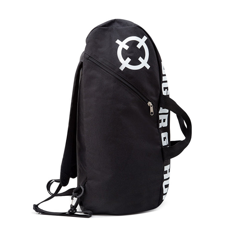 Black backpack with a white logo and text on a white background